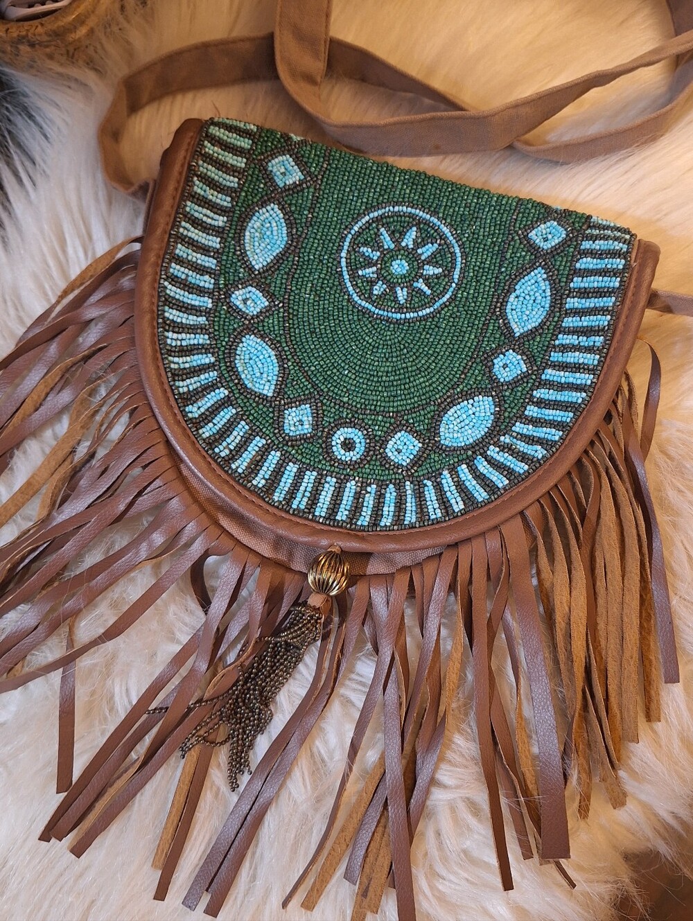 [[Earthbound]] Green Beaded Fringe Crossbody Bag